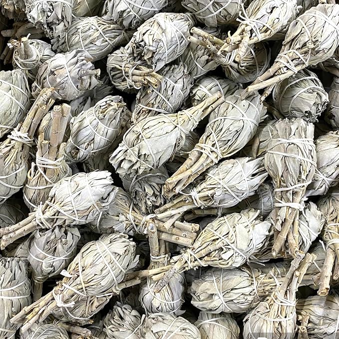 NessaStores 6 California White Sage Smudge Sticks, 3 to 4 Inch Hand Tied, All Natural for Home Cleansing, Stress Relief, & Clearing Negative Energy JC-005