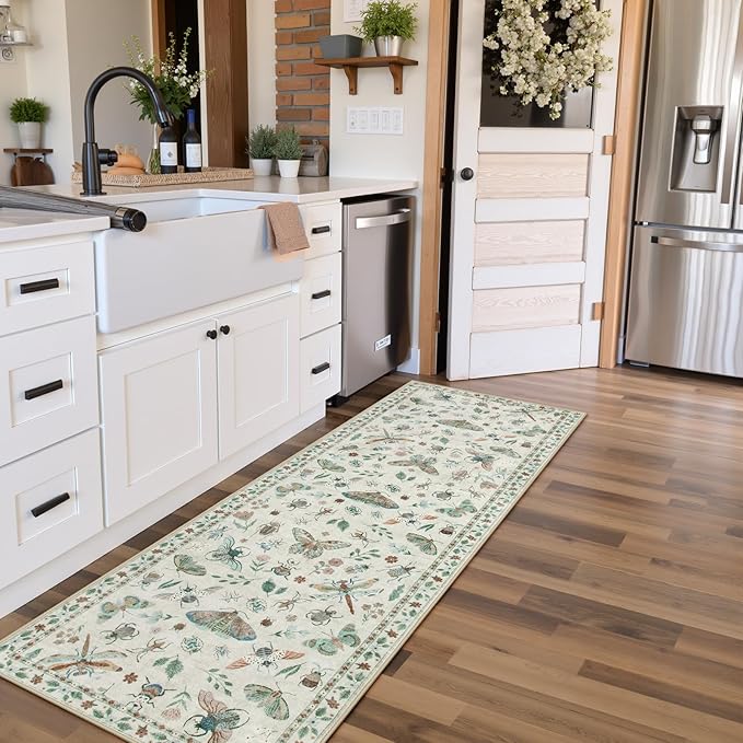 Lahome Insect Kitchen Runner Rugs Non Skid Washable, 2x6 Soft Washable Runner Non Slip, Ultra-Thin Hallway Rug Stain Resistant Carpet for ‎Laundry Bathroom Bedroom(2x6ft,Beige)