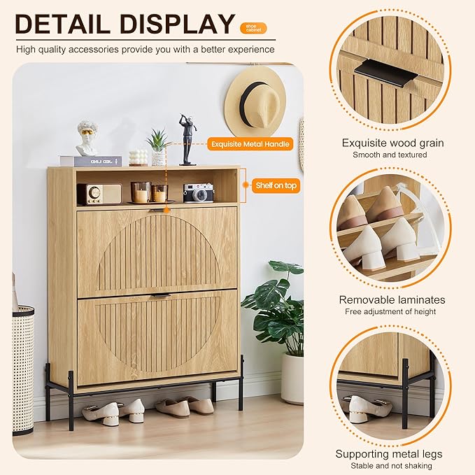 47" Fluted Large Shoe Cabinet with 4 Flip Drawers, Slim Freestanding Shoe Cabinet Organizer, Narrow Shoes Storage Rack for Entryway, 5 Sturdy Legs (All Natural-2 drawers, 9.45"D x 31.5"W x 41.93"H)