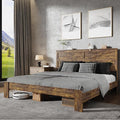 King Size Bed Frame with Farmhouse Headboard, Rustic Boho Wooden Bedframe with LED Lights and Charging Station, Easy Assembly, No Box Spring Needed (Brown, King)