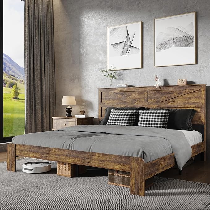 King Size Bed Frame with Farmhouse Headboard, Rustic Boho Wooden Bedframe with LED Lights and Charging Station, Easy Assembly, No Box Spring Needed (Brown, King)
