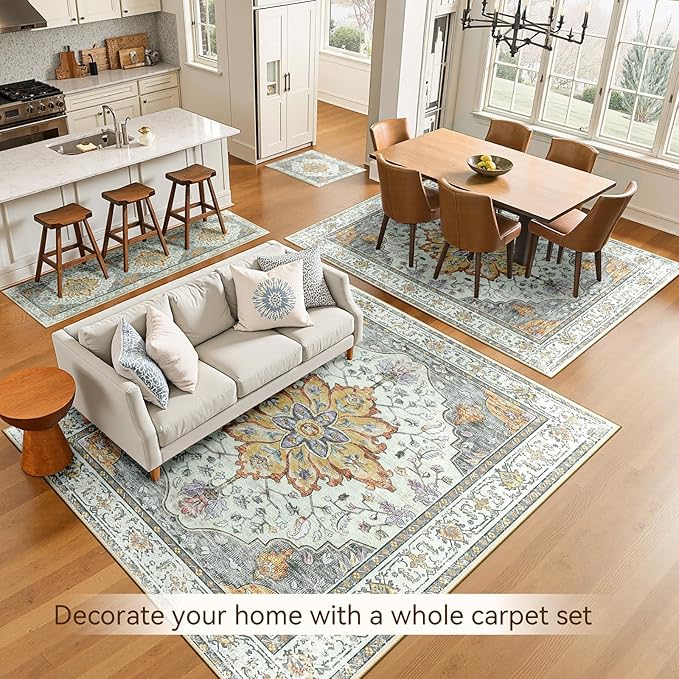 Area Rugs 5'x8' Washable Non-Slip, Floral Vintage Distress Print Pattern Medallion Carpet for Living Room Bedroom Dining Room, Light Yellow Carbon Grey Orange