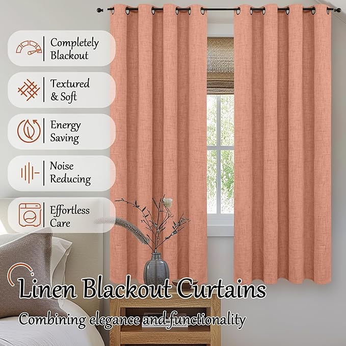 100% Linen Blackout Curtains for Bedroom Living Room 45 Inch Long 2 Panels, Thermal Insulated Light Blocking Soundproof Curtains, Noise Reducing Window Drapes 52x45 Inch 2 Panels, Terracotta