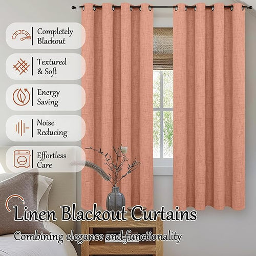 100% Linen Blackout Curtains for Bedroom Living Room 45 Inch Long 2 Panels, Thermal Insulated Light Blocking Soundproof Curtains, Noise Reducing Window Drapes 52x45 Inch 2 Panels, Terracotta