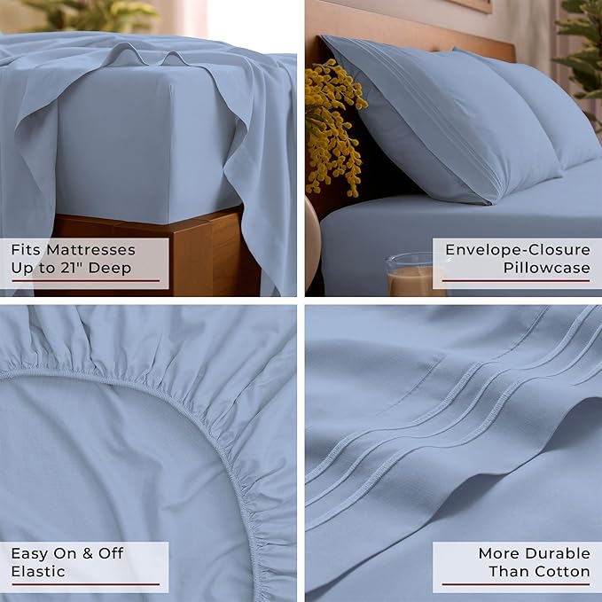 Mellanni King Sheet Set - 6-Piece Iconic Collection Bedding, (Including 4 Pillowcases), 21-Inch Extra Deep Pocket, Easy Care, Ultra Soft, Cooling Sheets, Brushed Microfiber - Sky Blue