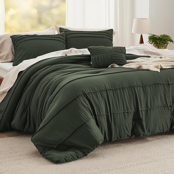 Bedsure Twin Comforter Set - 3 Pieces Pinch Pleat Bed Set, Olive Green Boho Bedding for All Season, 1 Soft Comforter, 1 Pillowcase, 1 Decorative Pillow