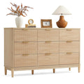 LINSY Fluted Dresser for Bedroom with 9 Drawers, Mid Century Modern Chest of Drawers with Gold Metal Handles, Wide Boho Wood Dressers, Large Farmhouse Storage Cabinet for Bedroom, Living Room, Oak