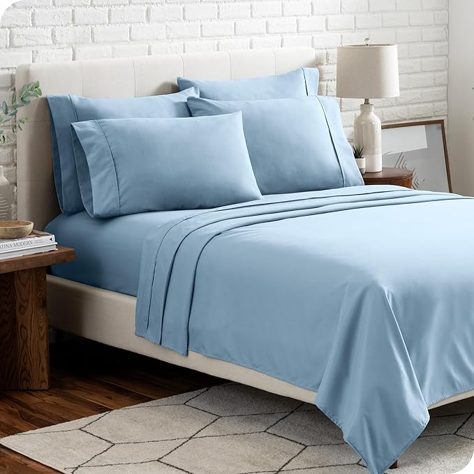 Bare Home Hotel Luxury Split King Sheet Set, Extra Soft, 7 Piece Set, Deep Pockets, Easy Fit, Cooling & Breathable, Wrinkle, Fade, Stain Resistant, Includes 4 Pillowcases (Split King, Light Blue)