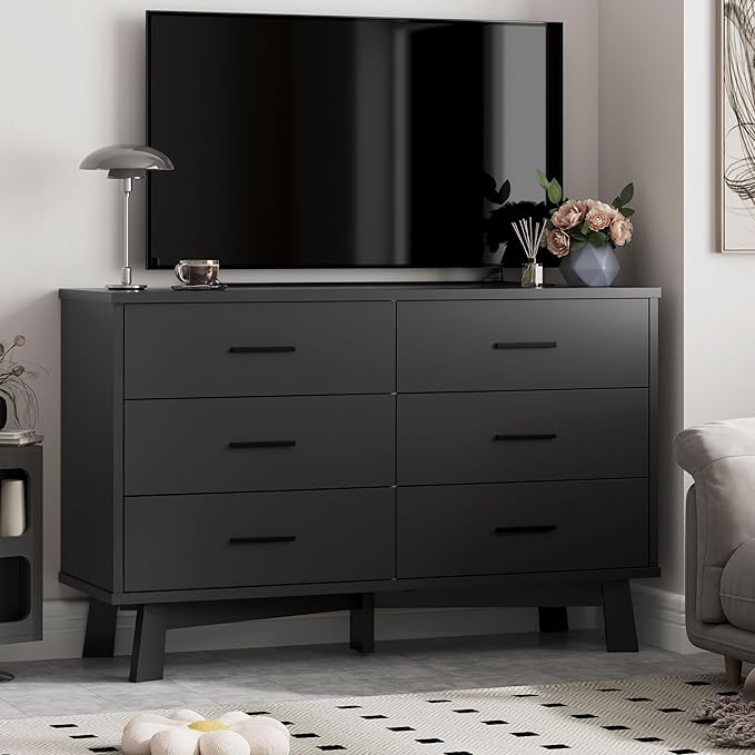 Dresser for Bedroom with 6 Drawer, Modern Chest of Drawers with X-Shaped Sturdy Base, Wide Wood Double Dresser Closet Clothes Storage Organizer, Wooden TV Stand for Living Room, Hallway, Black