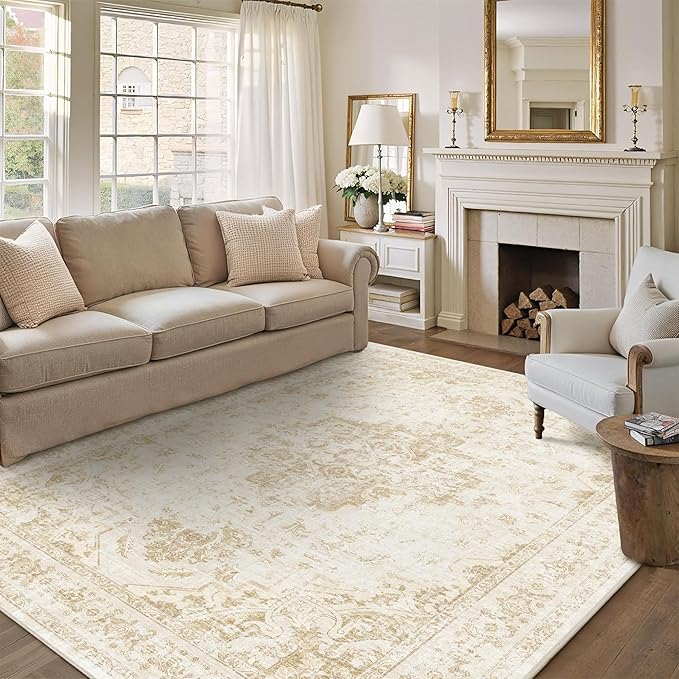 5x7 Vintage Washable Area Rugs Boho Medallion Large Distressed Retro Accent Carpet Floral Non-Slip Soft Low Pile Indoor Throw Rug for Living Room Bedroom Dining Room Office Kitchen, Beige