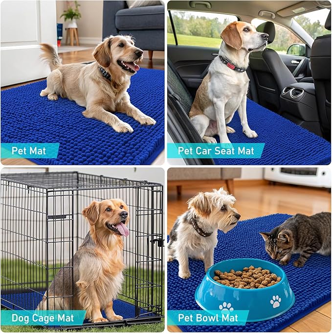 OLANLY Dog Door Mat for Muddy Paws 54x24, Absorbs Moisture and Dirt, Absorbent Non-Slip Washable Doormat, Quick Dry Chenille Mud Mat for Dogs, Entry Indoor Entryway Carpet for Inside Floor, Royal Blue