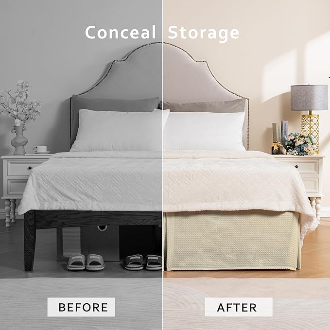 MIYE Pleated Waffle Weave Bed Skirt, Tailored Dust Ruffle 14 Inch Drop Easy Fit, Machine Washable,No Split Corners (Light Beige, King - 14" Drop)