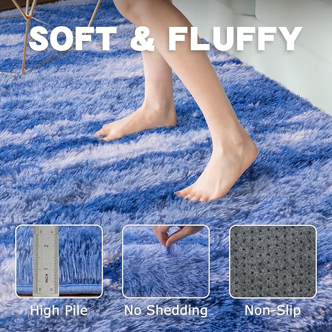 Fluffy Rugs for Bedroom Living Room, 4x6 Feet Abstract Blue Shag Area Rugs, Non-Slip Indoor Modern Fuzzy Plush Floor Carpet for Dorm Nursery Kids Room Decor, Soft Shaggy Throw Rug
