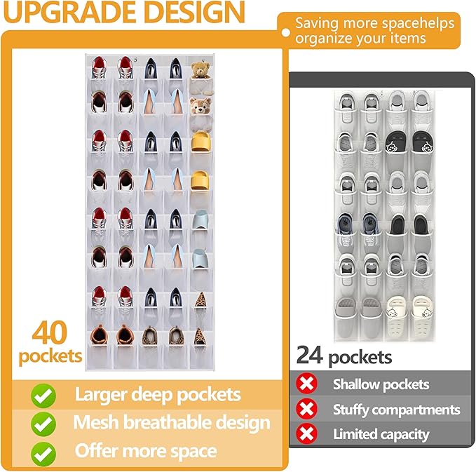 Over the Door Shoe Organizer, 40 Large Mesh Pockets Hanging Shoe Rack Organizer for Closet Behind The Door Storage Holder for Entryway Bedroom Dorm White