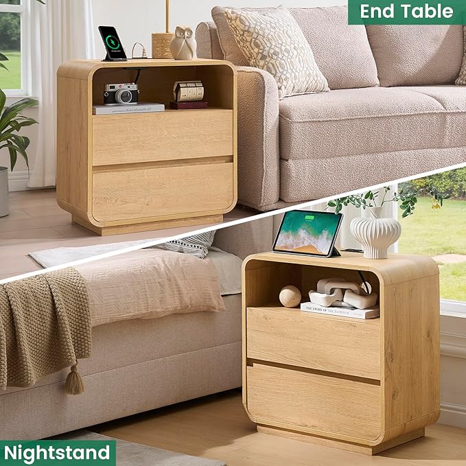 Modern Nightstand, 25" Tall Wood Bedside Table with Charging Station, 2 Storage Drawers Side Table, Large End Table Night Stand for Bedroom, Office, Sofa, Curved Profile Design, Natural