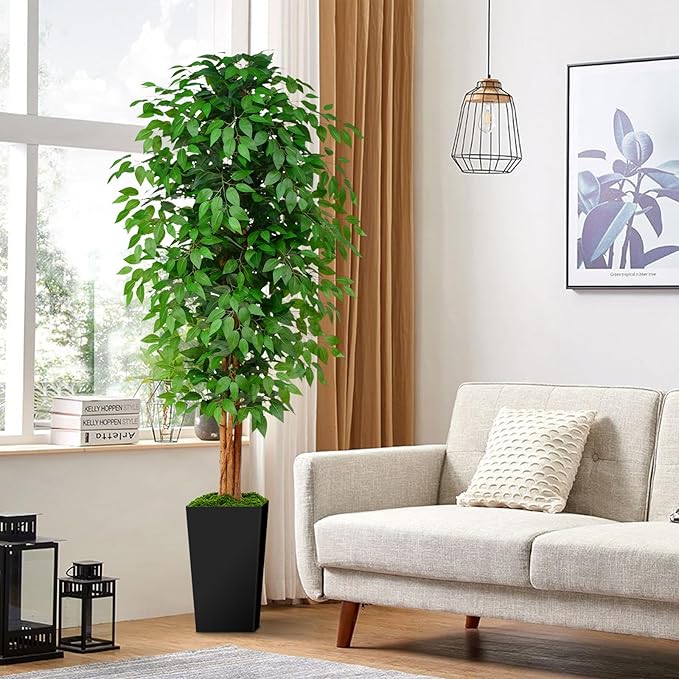 7ft Ficus Artificial Tree with 3 Natural Curved Trunks, 84" Tall Lush Faux Tree for Home Decor Indoor, Green Lifelike Fake Ficus Tree with Black Planter Pot