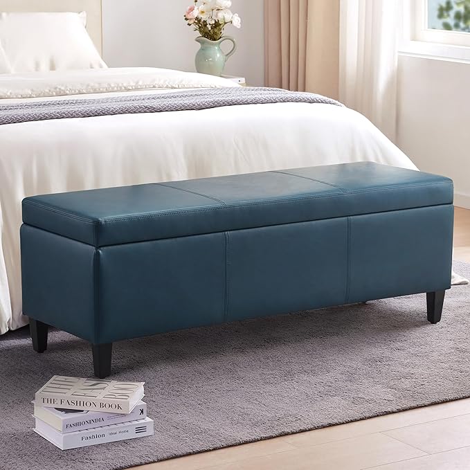 HUIMO Faux Leather Storage Ottoman Bench 50.3 Inch Extra Long PU Upholstered Bedroom Bench with Large Storage Space for The Living Room, Entryway, Bedroom Hold Up to 300lbs (Peacock Blue)