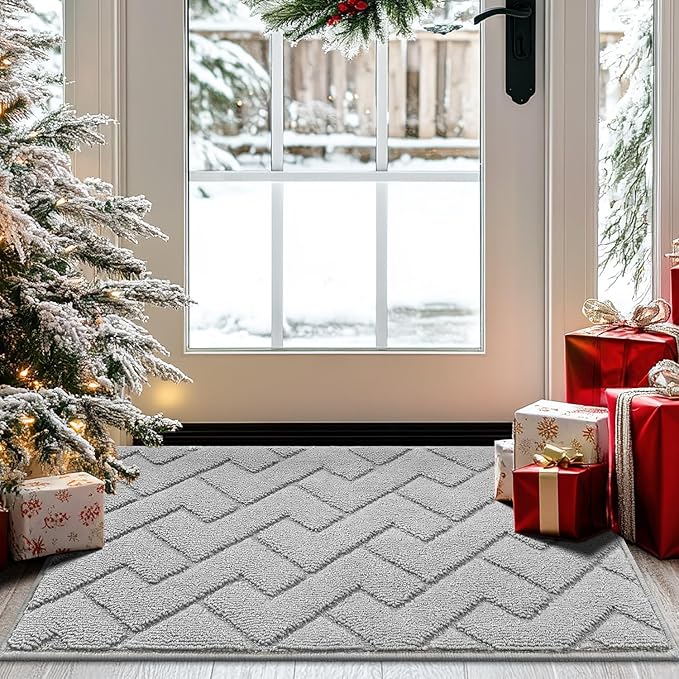 hicorfe Dirt Trapper Doormat,20"x31.5" Welcome Door mat,Non Slip Backing Washable Door Mats,Absorbent and Resistant Low-Profile Entrance Inside Floor Mat for Front Back Door and Entryway(Light Grey)