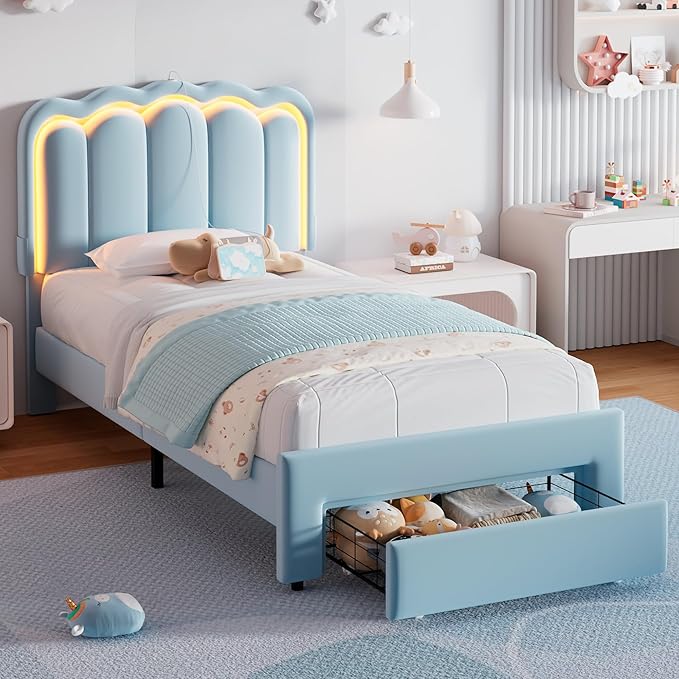 Velvet Upholstered Twin LED Bed Frame with Storage Drawer and Adjustable Double Wavy Headboard, Princess Platform Bed for Kids/Girls/Boys, Solid Wood Slats Support,No Box Spring Needed,Blue