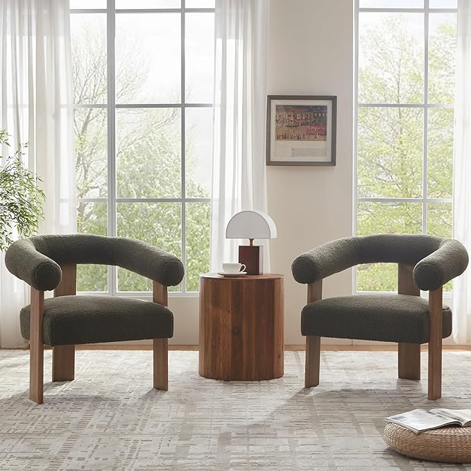 VKNOW Accent Chair Living Room Chairs Set of 2, Modern Upholstered Arm Chair with Solid Wood Legs, Comfy Barrel Accent Chairs for Living Room, Bedroom, Green