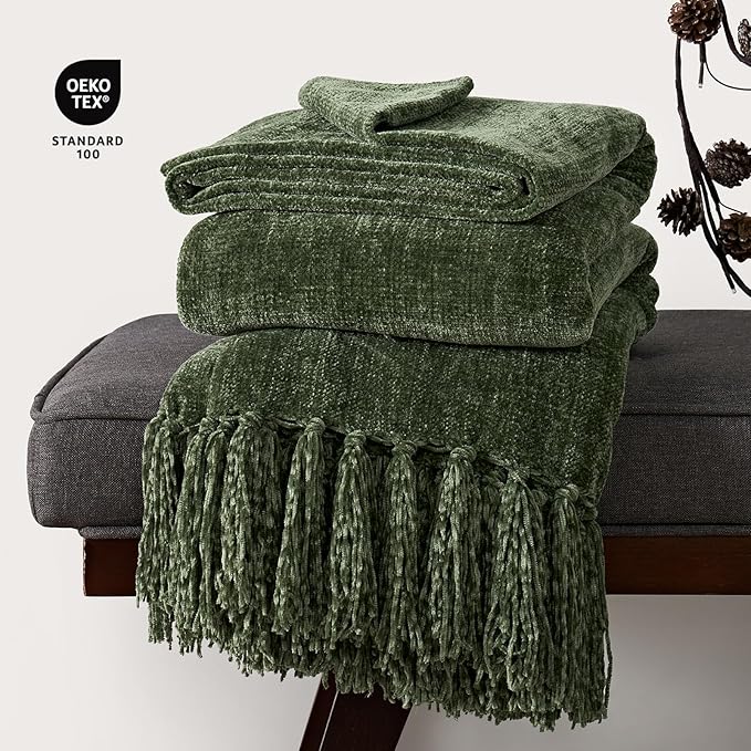 EVERGRACE Soft Chenille Throw Blanket for Couch, Cozy Plush Fuzzy Decorative Chenille Knit Throw Blanket with Tassels, Lightweight Blanket and Throws for Bed Sofa Gift Home Decor, Olive Green 50"x60"