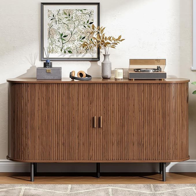 Buffet Cabinet with Storage, 55" Fluted Sideboard Buffet with Sliding Door, Coffee Bar Cabinet with Adjustable Shelf, Console Table, Accent Table for Entryway, Kitchen, Dining Room, Walnut