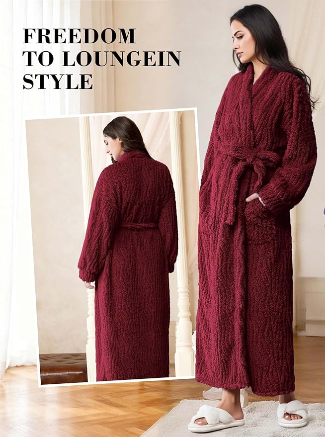 Artfasion Womens Long Fleece Robe - Warm Soft Floor Length Flannel Bathrobes for Winter Thicker Long House Coat with Pockets