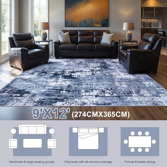 Area Rug Living Room Rugs - 9x12 Washable Large Soft Indoor Neutral Modern Abstract Low Pile Rug Carpet for Bedroom Dining Room Farmhouse Home Office - Navy Blue