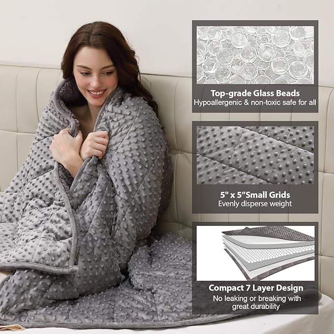 Minky Dot Weighted Blanket for Adults Queen Size 15 lbs, Soft Cozy Heavy Blanket for Stress Relief and Sleep Promotion, Warm Blanket for Autumn Winter with Glass Beads, Grey 60 x 80 inches