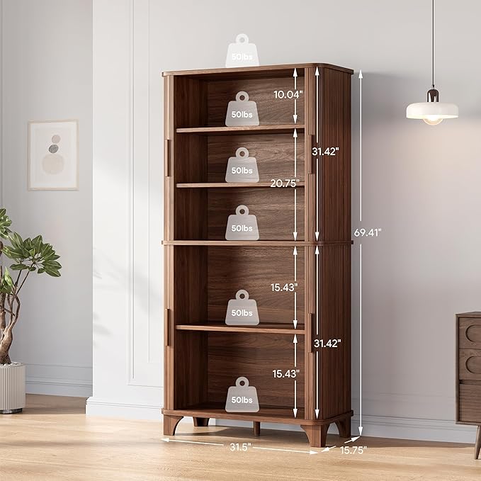 69" Tall Kitchen Pantry Storage Cabinet with Sliding Door, Modern Curved Edge Pantry Storage Cabinet with 5 Shelves, Cupboard for the Kitchen, Dining Room, Bedroom, Living Room, Office (Walnut)