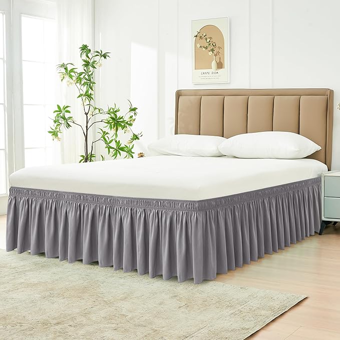 Biscaynebay Wrap Around Bed Skirts for Queen Size Beds Extra Long Drop of 21", Silver Grey Adjustable Elastic Dust Ruffles Easy Fit Wrinkle Resistant Silky Luxurious Fabric Machine Washable
