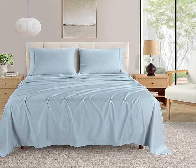 CHATEAU HOME COLLECTION 400 Thread Count Cotton Bed Sheets King Size, 15" Deep Pocket King Sheet Set, 4 Piece Naturally Cool Soft Sateen Weave Machine Washable Fully Elasticated- Light Blue