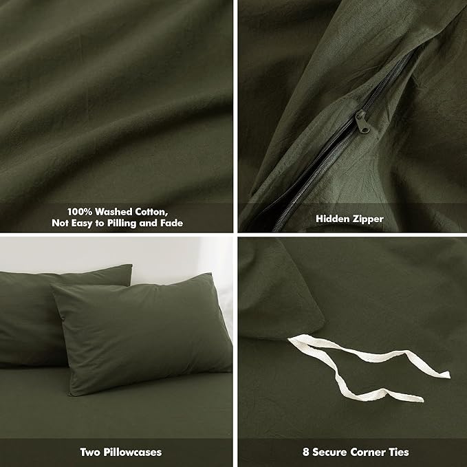 FOSSA Duvet Cover Set 100% Washed Cotton Linen Feel Super Soft Breathable Cozy 3 Pieces Bedding Sets Solid Olive Green Oversized Queen