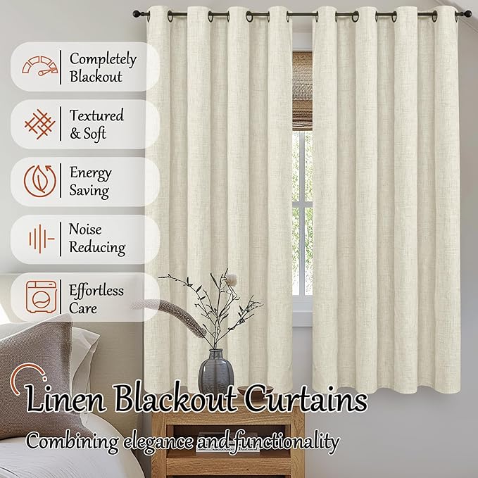 60 Inch Wide Linen Blackout Curtains for Bedroom 63 Inch Length 2 Panels, Total Black Out Thermal Insulated Energy Efficiency Grommet Boho Window Drapes White Liner for Modern Farmhouse, Natural