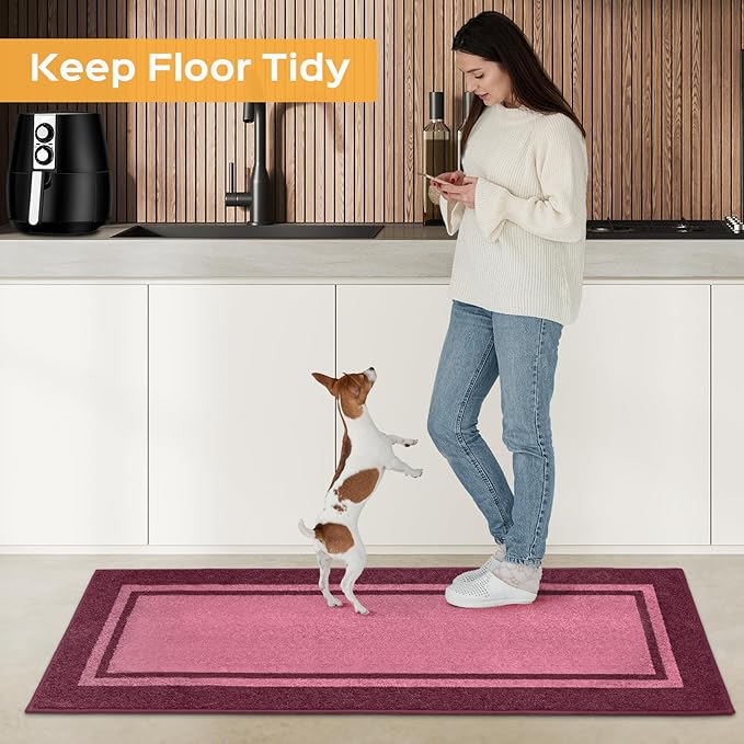 Kitchen Rugs 24" x 36", Non-Slip Machine Washable Kitchen Runner Rugs Floor Mats, Absorbent Comfort Standing Mats for Kitchen, Sink, Laundry and Hallway, Pink & Burgundy Red