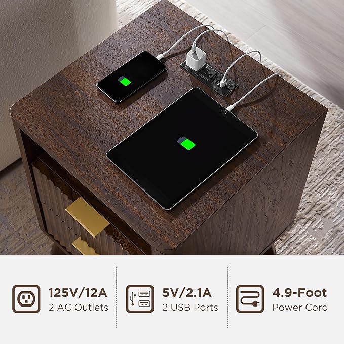 T4TREAM Fluted Nightstand Set of 2 with Charging Station, 18" Modern Side Table, 2 Drawers End Table with Storage, Bedside for Bedroom, Living Room, Curved Profile Design, Dark Walnut
