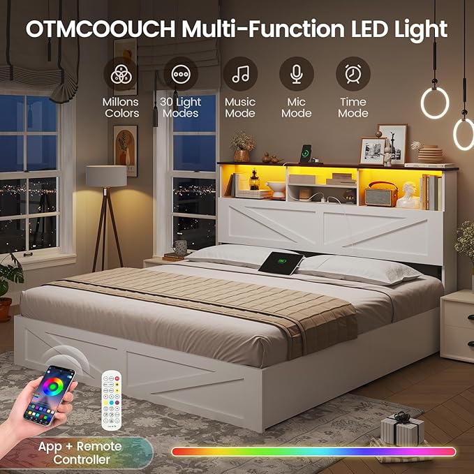 AOGLLATI Farmhouse Queen Bed Frame with 4 Storage Drawers and Led Lights, Wooden Bed Frame Queen Size with Hidden Space Bookcase Headboard and Led Lights & Metal Slats, White