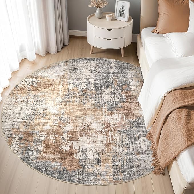 5ft Round Area Rug Living Room Rugs - 5x5 Washable Large Soft Indoor Neutral Modern Abstract Low Pile Rug Carpet for Bedroom Dining Room Farmhouse Home Office - Grey Brown