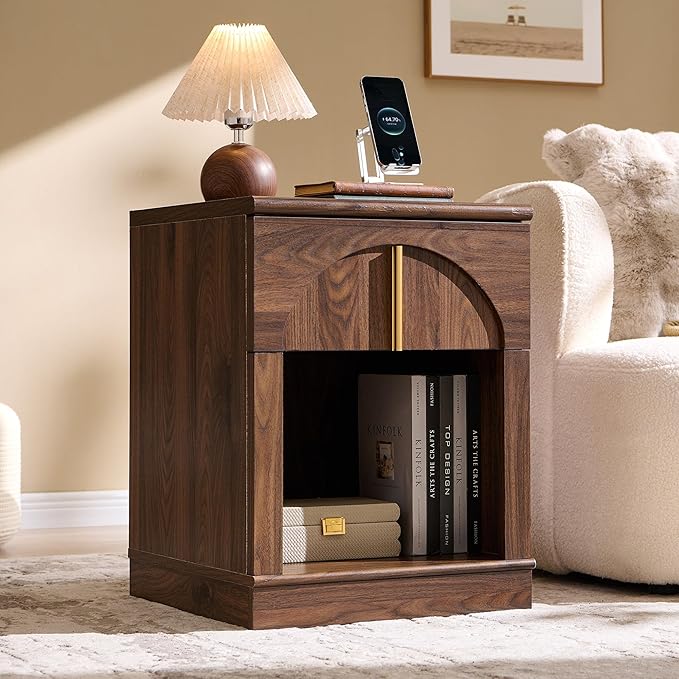ACCOHOHO Modern Night Stand Set 2 with Arched Panel,18" Wooden nightstand with Charging Station,Bedside Table with Drawer Storage,Side End Table with Open Shelf for Bedroom、Living Room,Brown
