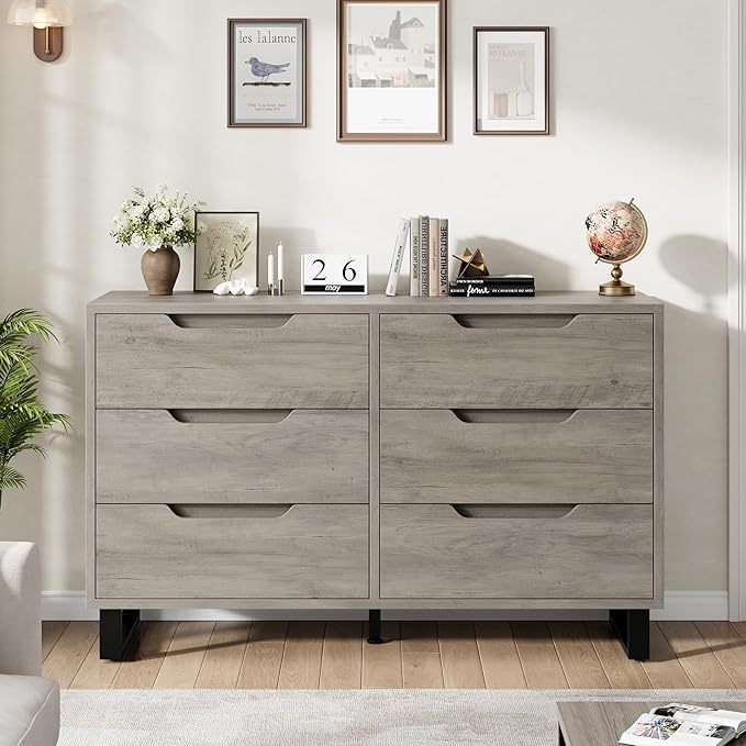 GarveeHome 6 Dresser for Bedroom, 47.2 in Wide Dresser, Freestanding Vertical Drawer Cabinet with Storage, Wooden Closet Storage Chest for Living Room, Hallway, Entryway, Ash Grey