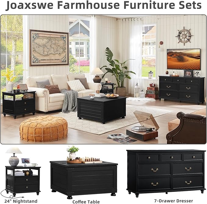 24" Wide Farmhouse Night Stand,Large End Table with 3 Drawers & Metal Handle,Black Dresser for Bedroom, Bed Side Table Chest of Drawers Cabinet,Wood Nightstand for Living Room,Closet