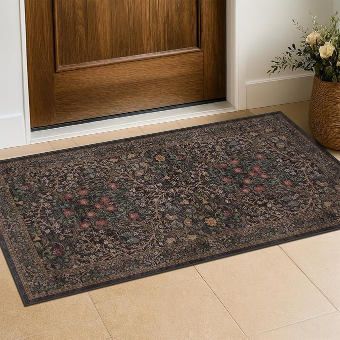Dark Brown 2x4 Entryway Rug, Small Runners for Kitchen, Door Mat Indoor Entrance, Bathroom, Non-Slip Low-Pile Washable Stain Resistant, Vintage Tapue Green Floral Design