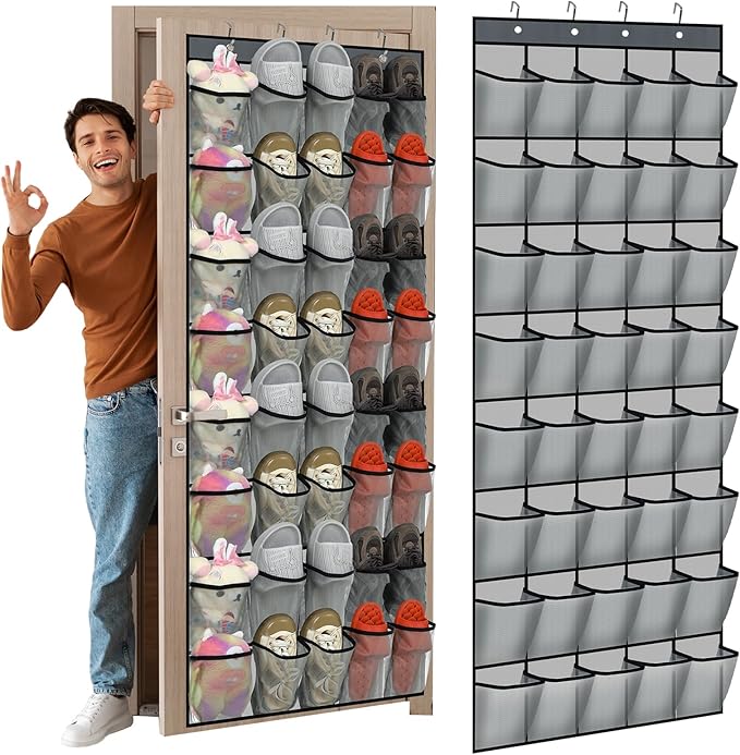 Windyun Over the Door Shoe Organizer with 40 Large Breathable Mesh Pocket, Space Saving Hanging Shoe Rack Hanger Gray Behind the Door Storage Holder for Entryway Closet Bedroom Utility Room Women Men