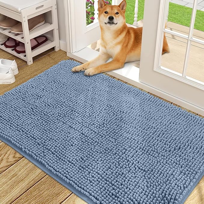OLANLY Dog Door Mat for Muddy Paws 48x30, Absorbs Moisture and Dirt, Absorbent Non-Slip Washable Doormat, Quick Dry Chenille Mud Mat for Dogs, Entry Indoor Entryway Carpet for Inside Floor, Airy Blue