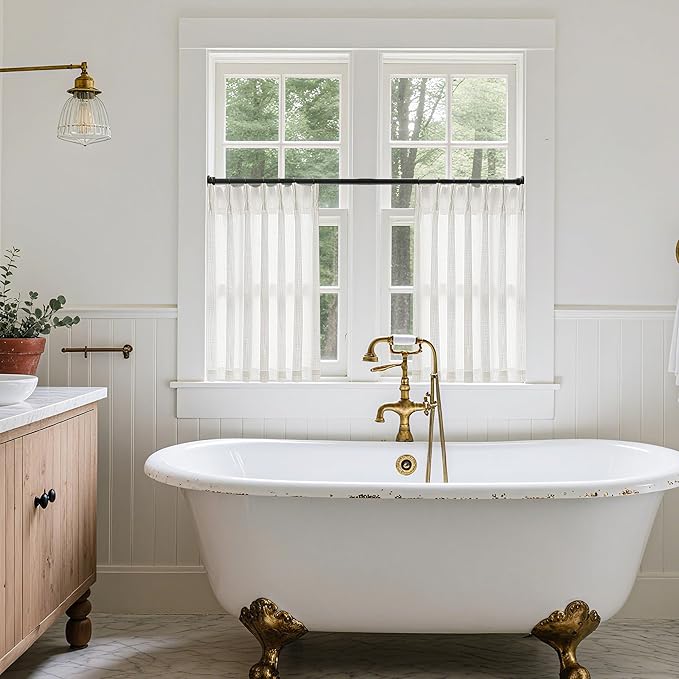 Beige White Linen Pleated Curtains 30 Inch Length Light Filtering Semi Sheer Mini Curtains Cafe Small Window Basement Bathroom Boho Farmhouse Pinch Pleat Short Semi Sheer Kitchen Drapes Camper RV