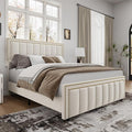 BarnFurin Queen Bed Frame with 50" Tall Headboard and Footboard, Chenille Upholstered Platform Bed, Vertical Channel Tufting with Nailhead Trim, No Box Spring Needed, Easy Assembly, Beige