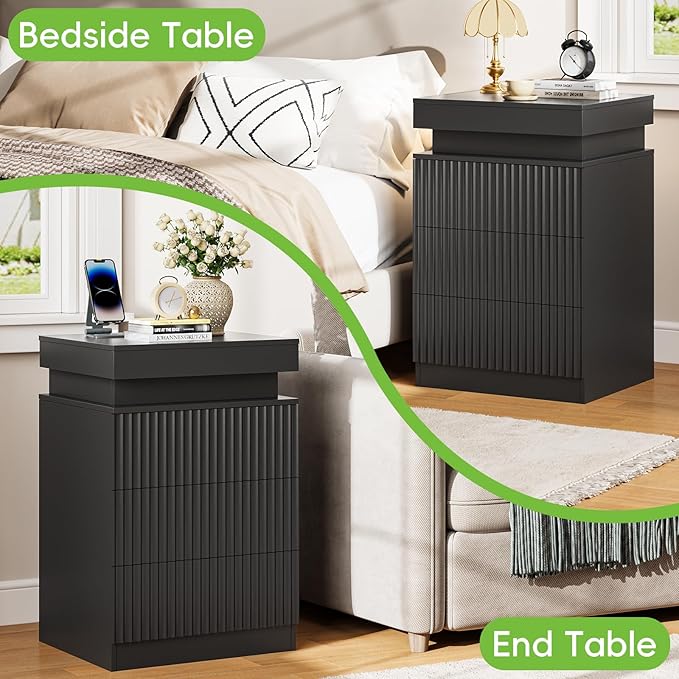 Nightstands Set of 2 with Charging Station & LED Lights, Modern Small Fluted Bedside & End Tables with 3 Drawers, Sliding Top & Hidden Storage, Wooden Farmhouse Night Stand for Bedroom Office, Black