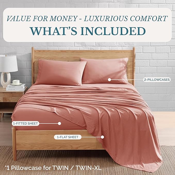 Casa Platino Bedding Sheets & Pillowcases, Pre-Washed Ultra Soft & Breathable Bed Sheets Twin XL, Brushed Microfiber Sheet Set, Fade Resistant Twin XL Size Sheets Set with Deep Pockets - Rose Dawn