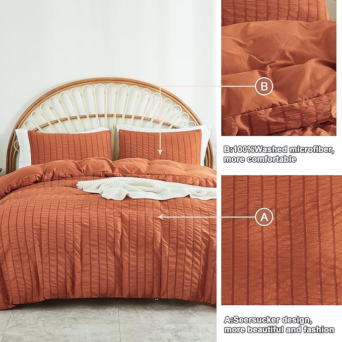 AveLom Terracotta Seersucker Duvet Cover Set King Size (104 x 90 inches), 3 Pieces (1 Duvet Cover + 2 Pillow Cases), Ultra Soft Washed Microfiber, Textured Duvet Cover with Zipper Closure, Corner Ties