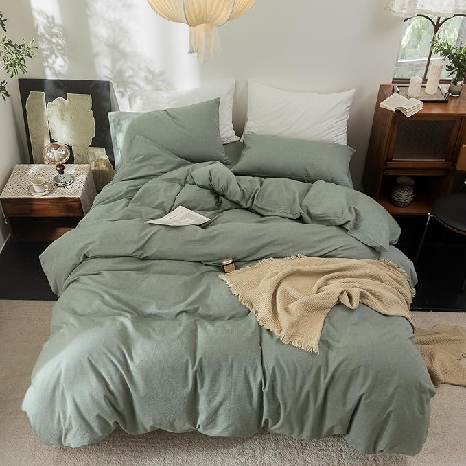 FOSSA Duvet Cover Set 100% Washed Cotton Linen Feel Super Soft Breathable Cozy Simple Style 3 Pieces Bedding Sets Solid Heathered Green Queen